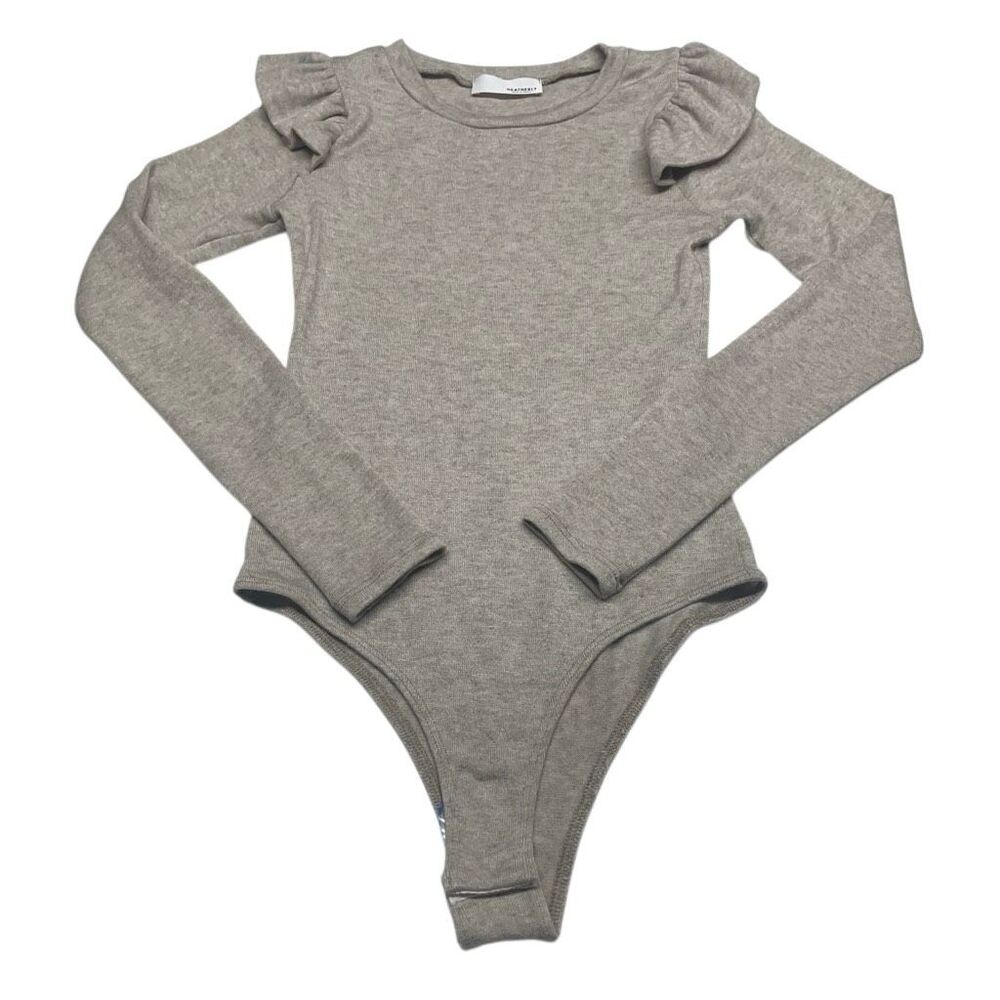 Heatherly Taupe Brown Ruffle Trim Bodysuit - Petite